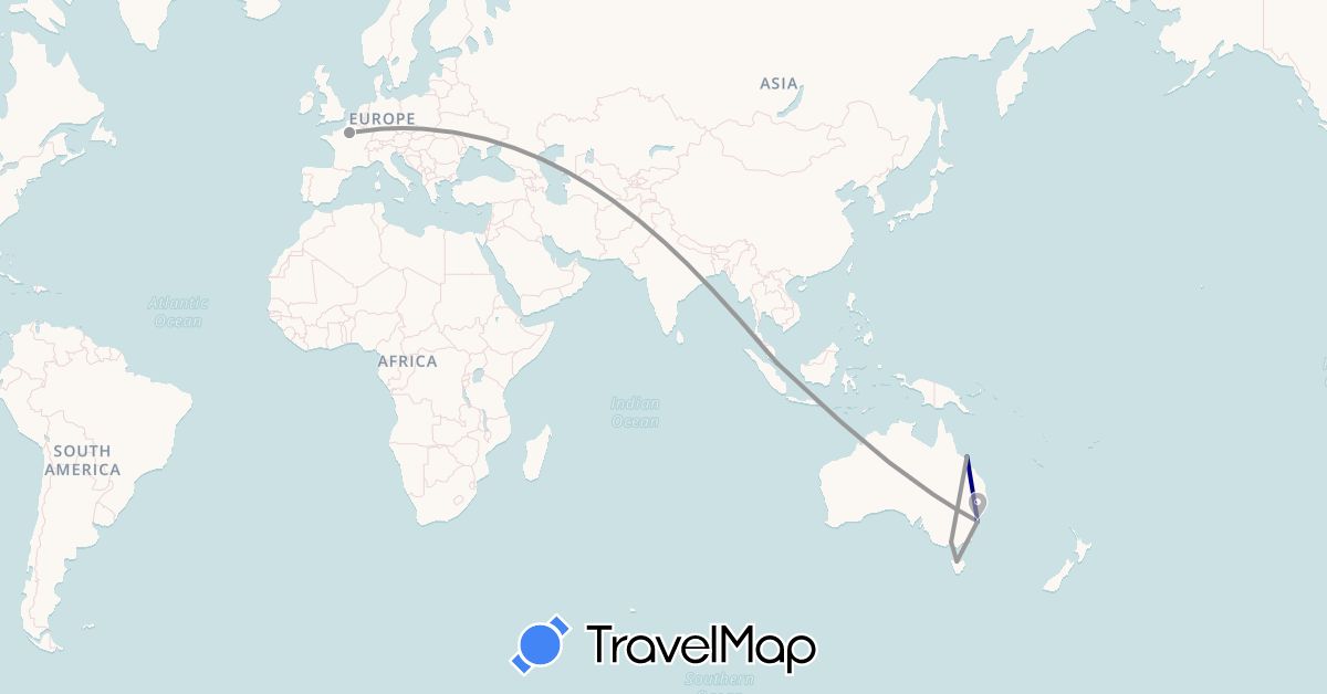 TravelMap itinerary: driving, plane in Australia, France, Singapore (Asia, Europe, Oceania)